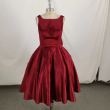 Dark Red Satin Backless Vintage Style Party Dress With Bow, High Quality Handmade Dress HZ1023