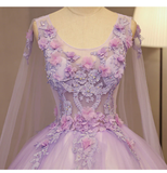 Charming Lavender Tulle Flowers Long Prom Dress, Sweet 16 Gowns HZ1023