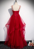 Red Lace Tulle Layered Straps Fashionable Long Party Dress, Long Prom Gown HZ1023