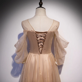 Champagne Tulle Long Puffy Sleeves Party Dresses, Beautiful Floor Length Prom Dresses HZ1023