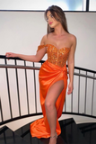 Orange Sweetheart One Shoulder Prom Dress Sequins Mermaid Long With Split HZ1023
