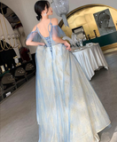 Charming Lace Light Blue V-Neckline Long Prom Dress, A-Line Formal Dress Evening Dress HZ1023
