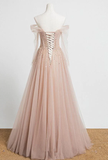 Pearl Pink Off Shoulder Long Sleeves Sequins Prom Dress, A-Line Party Dress Formal Dress HZ1023