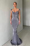 Cap Sleeves Long Sequins Prom Dress Mermaid HZ1023
