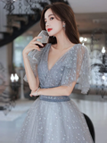 Lovely Grey Shiny Tulle V-Neckline Puffy Sleeves Long Prom Dresses, Grey Evening Dresses HZ1023