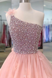 Gorgeous One Shoulder Beaded Pink Long Prom Dresses, Fluffy Pink Formal Evening Dresses, Beaded Ball Gown HZ1023