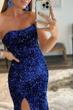 Royal Blue Strapless Mermaid Prom Dress Split With Sequins HZ1023