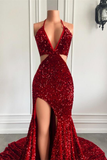 Burgundy backless sequined slit mermaid ball gown evening dress party dress HZ1023