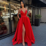 Llyge Sexy V Neck Satin Evening Dresses Spaghetti Strap Side Slit Prom Dress High Waist Evening Gowns Party Dress HZ1023