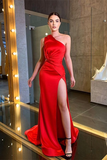 Red One Shoulder Sleeveless Mermaid Prom Dress With Split HZ1023