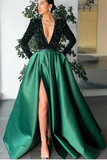 Deep V-Neck Long Sleeves Mermaid Prom Dress Split With Sequins HZ1023