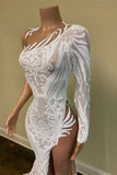 White One-Shoulder Long Sleeves Prom Dress Mermaid Sequins Lace With Split HZ1023