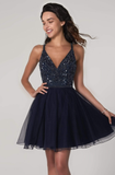 V-Neck Sequined Bodice Short A-Line Dress HZ1023