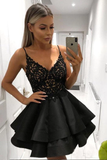 A Line V Neck Lace Layered Black Top Lace Short Homecoming Dresses with Spaghetti Straps HZ1023