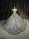 Silver gorgeous shiny elegant long exquisite sequin ball gown wedding dress modern evening dress custom dress HZ1023