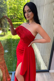 Red One Shoulder Sequins Strapless Split Mermaid Prom Dress With Lace Appliques HZ1023