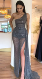 Sparkly Sequin Tulle One Shoulder Sexy High Slit Prom Dresses , Prom outfits HZ1023