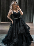 Blue v neck tulle sequin long prom dress blue formal dress HZ1023