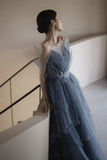 Blue gorgeous sparkling exquisite beaded long tulle ball gown evening dress with rhinestones multi-layered dress HZ1023