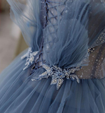 Blue gorgeous sparkling exquisite beaded long tulle ball gown evening dress with rhinestones multi-layered dress HZ1023