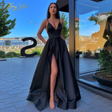 Llyge Sexy V Neck Satin Evening Dresses Spaghetti Strap Side Slit Prom Dress High Waist Evening Gowns Party Dress HZ1023