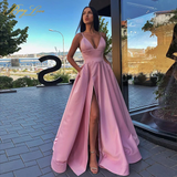 Llyge Sexy V Neck Satin Evening Dresses Spaghetti Strap Side Slit Prom Dress High Waist Evening Gowns Party Dress HZ1023