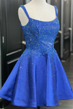 Royal Blue Beaded Square Neck A-Line Short Homecoming Dress HZ1023