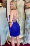 Royal Blue Beaded Lace-Up Bodycon Mini Homecoming Dress HZ1023