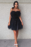 A-Line Black Sequin Feather Short Party Dress HZ1023