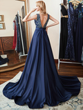 Double V-Neck Navy Blue Beads Crystal A Line Formal Prom Dresses HZ1023