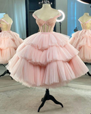 A-line Pink Tulle Short Dress Pink Tulle Homecoming Dress HZ1023