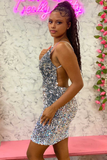 Silver Sequin V-Neck Backless Mini Homecoming Dress HZ1023