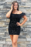 Black Sequin Off-the-Shoulder Feathered Short Party Dress HZ1023