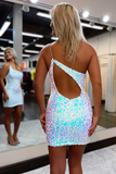 One-Shoulder White Iridescent Sequin Cutout Mini Party Dress HZ1023