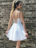 A Line V Neck Short White Lace Prom Dresses, Short White Lace Formal Homecoming Dresses HZ1023