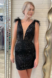 Black Plunge V Feathers Short Party Gown HZ1023