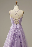 Custom Made Lace Lilac Prom Dresses Long Evening Dress Spaghetti Straps Formal Gown with Train HZ1023