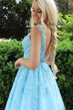 Light Blue Appliques V-Neck A-Line Short Homecoming Dress HZ1023