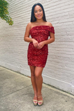 Wine Red Sequin One-Shoulder Short Homecoming Dress HZ1023