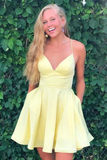 A-line Satin Fit and Flare Yellow Homecoming Dress with Pockets HZ1023