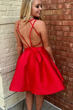 A Line V Neck Short Red Prom Dresses, Short Red Backless Formal Homecoming Dresses HZ1023