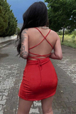 Red Cowl-Neck Lace-Up Bodycon Short Party Dress with Slit HZ1023
