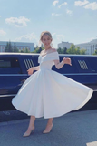 A Line Ankle Length Homecoming Dress, Ivory Off Shoulder Satin Short Wedding Dresses HZ1023