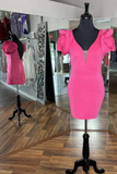 Hot Pink Plunge V Ruffled Sleeve Backless Cocktail Gown HZ1023
