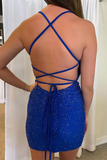 Royal Blue Beaded Mini Bodycon Party Dress HZ1023