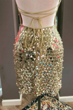 Gold glitter sexy tight spaghetti strap short sequin homecoming dress evening dress cocktail party dress HZ1023