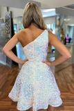 White Iridescent Sequin One-Shoulder A-Line Short Dress HZ1023