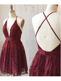 A Line V Neck Short Burgundy Lace Prom Dresses, Short Burgundy Lace Formal Homecoming Dresses HZ1023