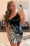 Black Gradient Cut Glass Mirror One-Shoulder Short Dress HZ1023