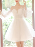 White sweetheart neck tulle short prom dress, cute white homecoming dress HZ1023